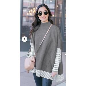 CHICWISH Womens Size L-XL Gray Striped Oversized Soft Knit Cape Sweater Pullover